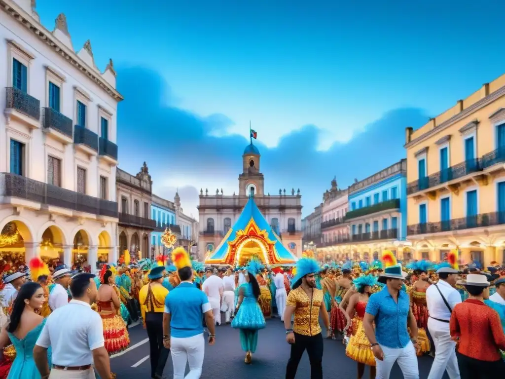 Colorido desfile de Carnaval en Uruguay con carrozas, bailarines y espectadores bajo cielo azul