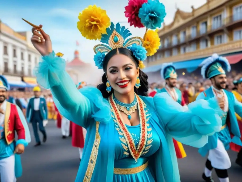 Colorido desfile en el Carnaval de Uruguay con carrozas, bailarines y espectadores alegres