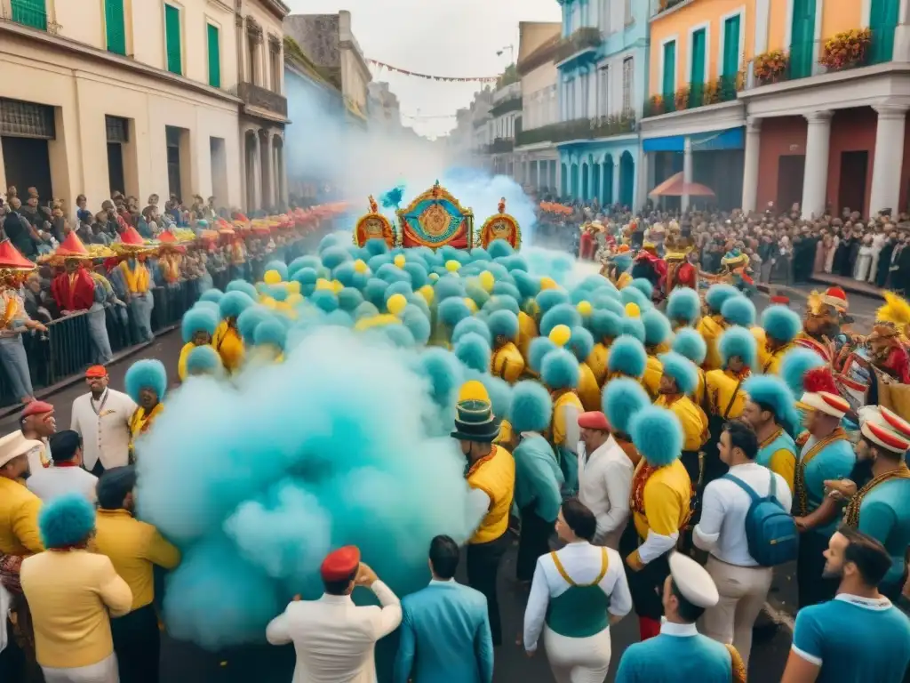 Colorido desfile de Carnaval en Uruguay con carrozas y danzarines, ¡disfruta la fiesta con confeti en el aire! Receta ensalada rusa Carnaval Uruguayo