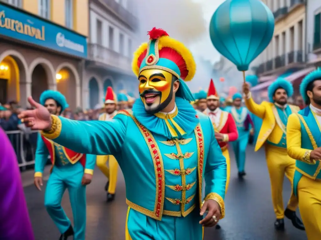 Colorido desfile de carnaval en Uruguay con carrozas detalladas y trajes vibrantes, capturando la esencia de las Revistas del Carnaval Uruguayo