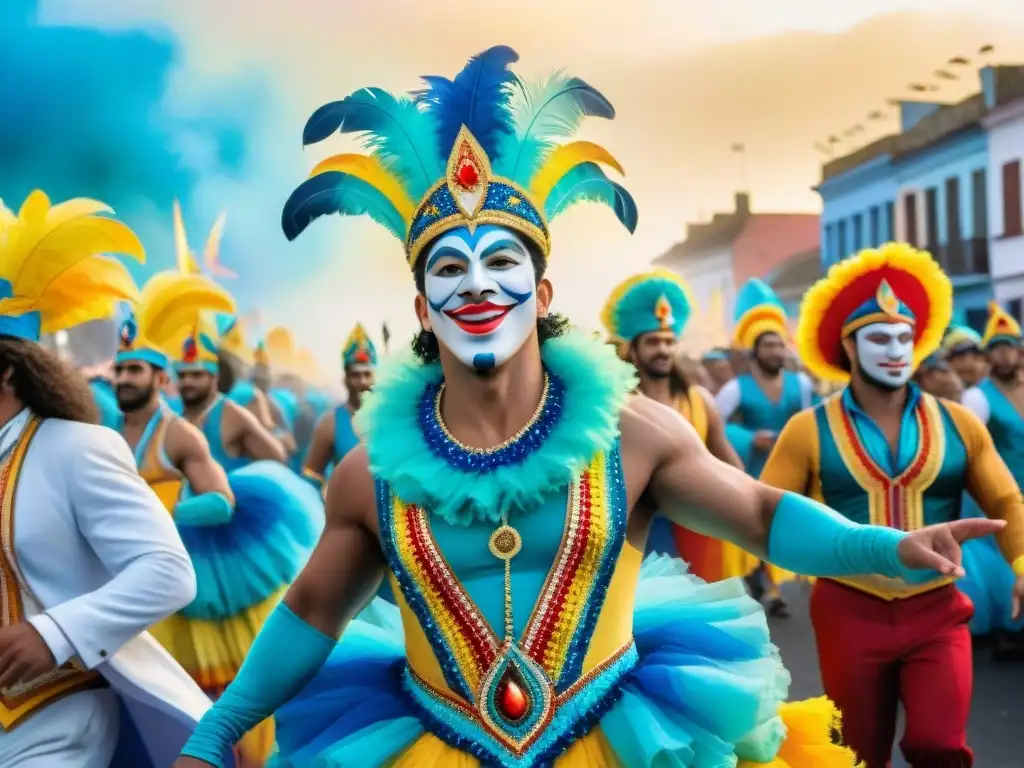 Colorido desfile de Carnaval en Uruguay con carrozas y bailarines alegres