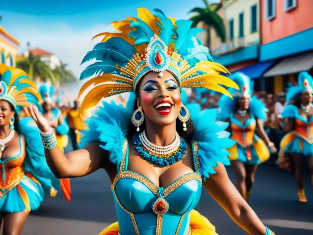 Colorido desfile de Carnaval con carrozas, trajes llamativos, música alegre y espectadores animados bajo el cielo azul