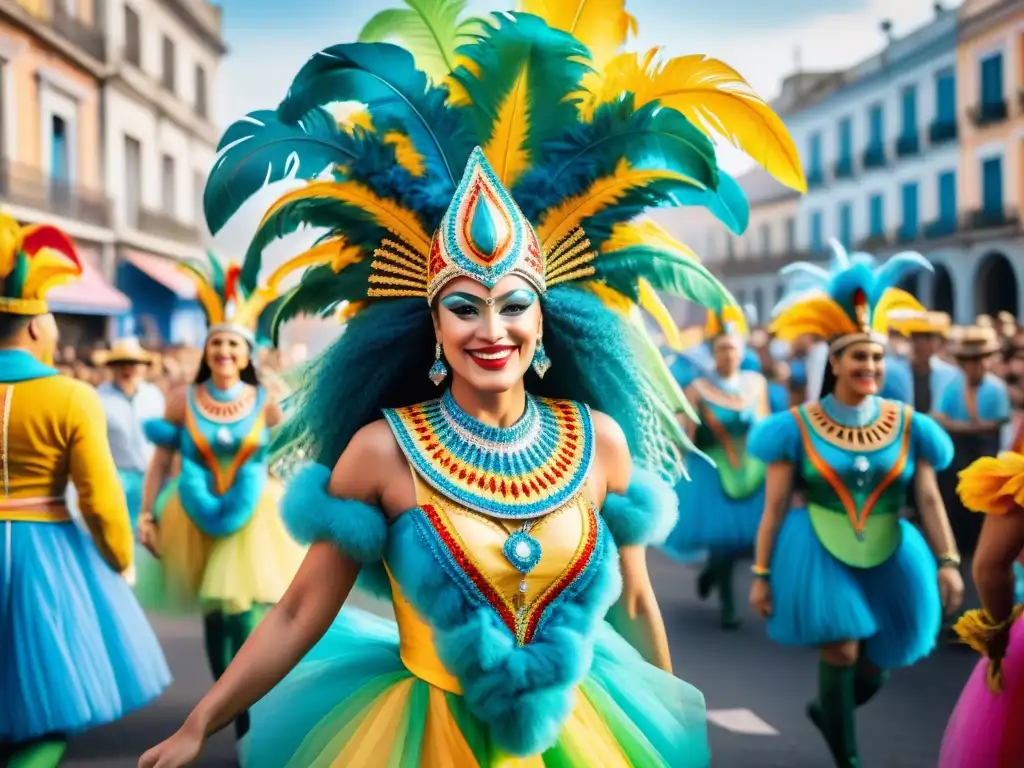 Colorido desfile de carnaval en Uruguay, con carrozas detalladas, bailarines y multitud animada