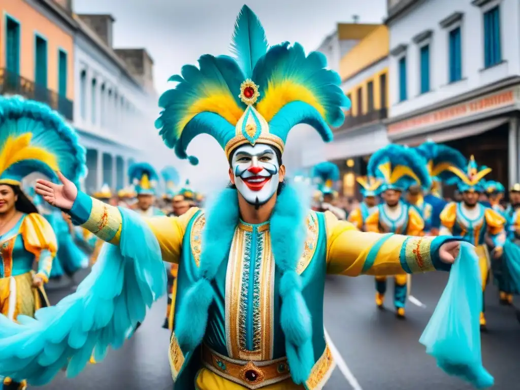 Colorido desfile de carnaval en Uruguay, con carrozas, bailarines y multitud animada