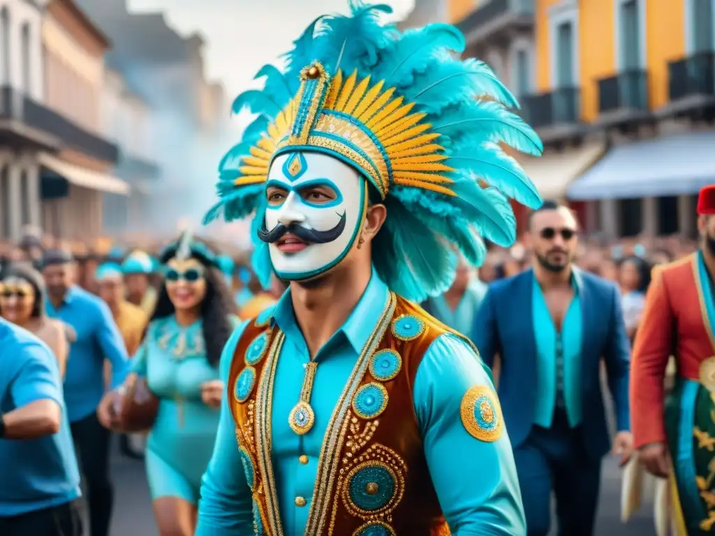 Colorido desfile de Carnaval en Uruguay con comparsas en transformación