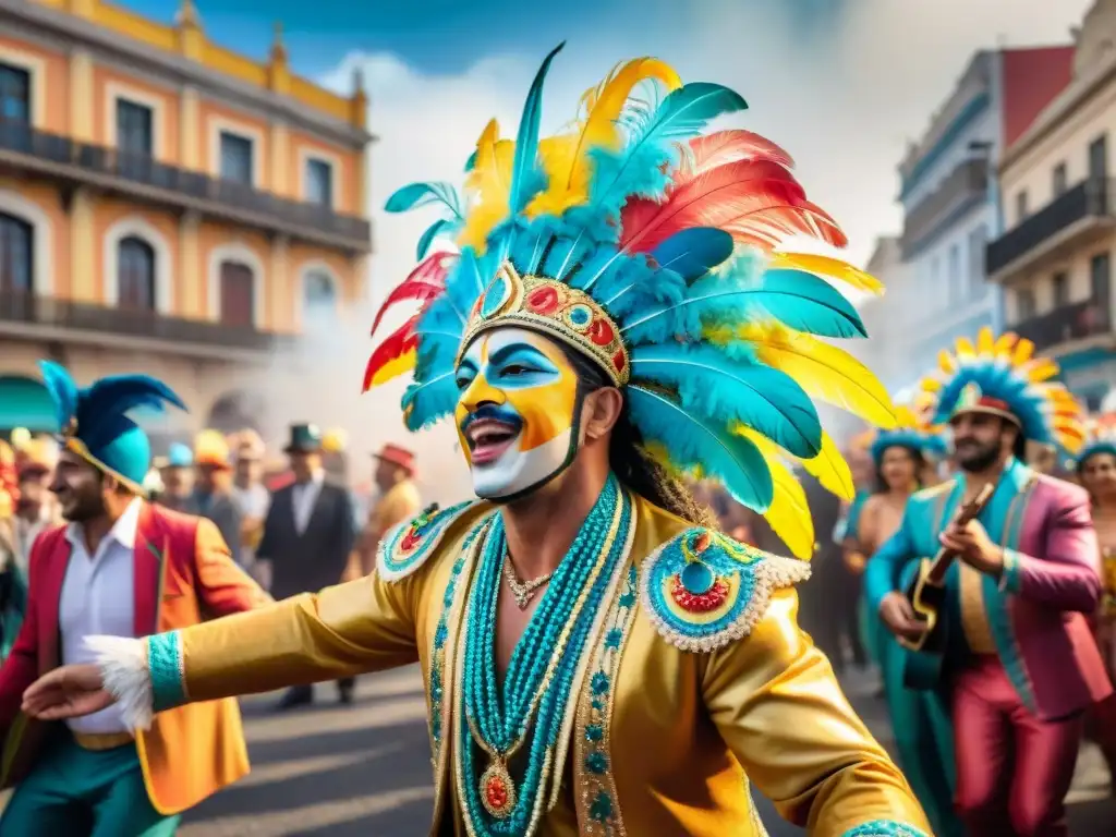 Colorido desfile de Carnaval en Uruguay con danzantes y músicos