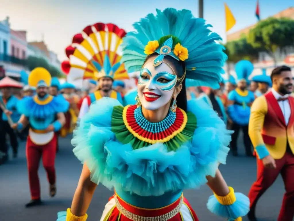 Colorido desfile de Carnaval en Uruguay con danzantes, músicos y espectadores disfrutando la fiesta