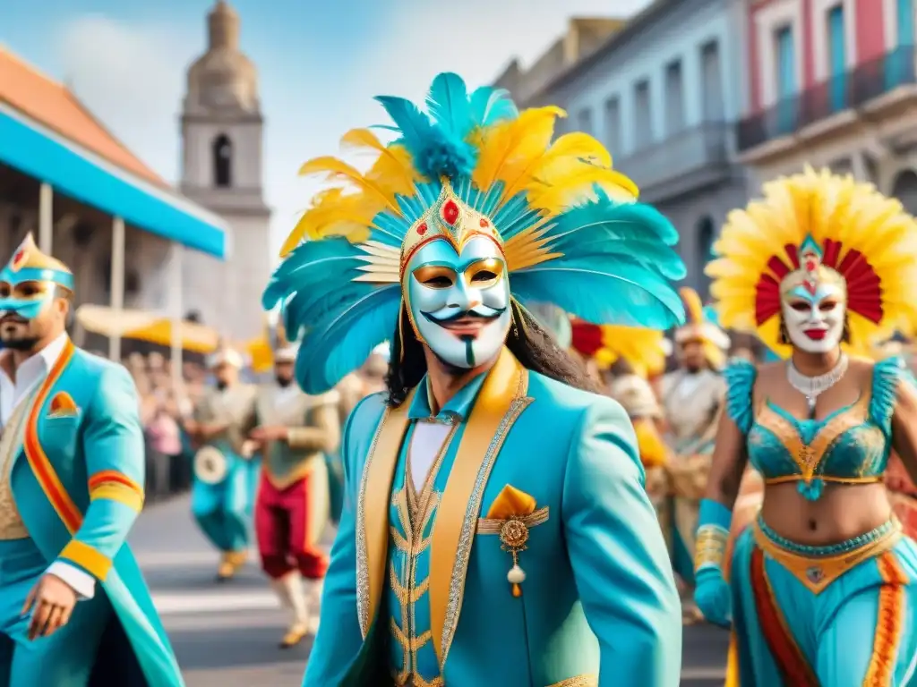 Colorido desfile de Carnaval en Uruguay con danzas alegres y máscaras intrincadas