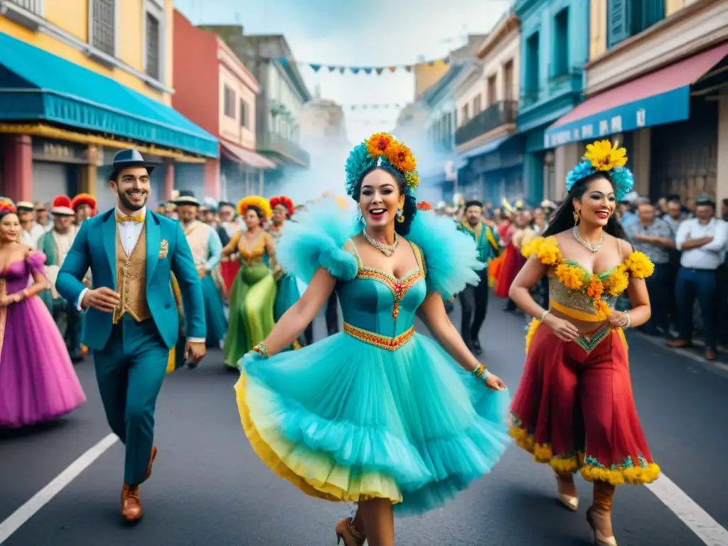 Colorido desfile de Carnaval en Montevideo, danzas tradicionales y ambiente festivo