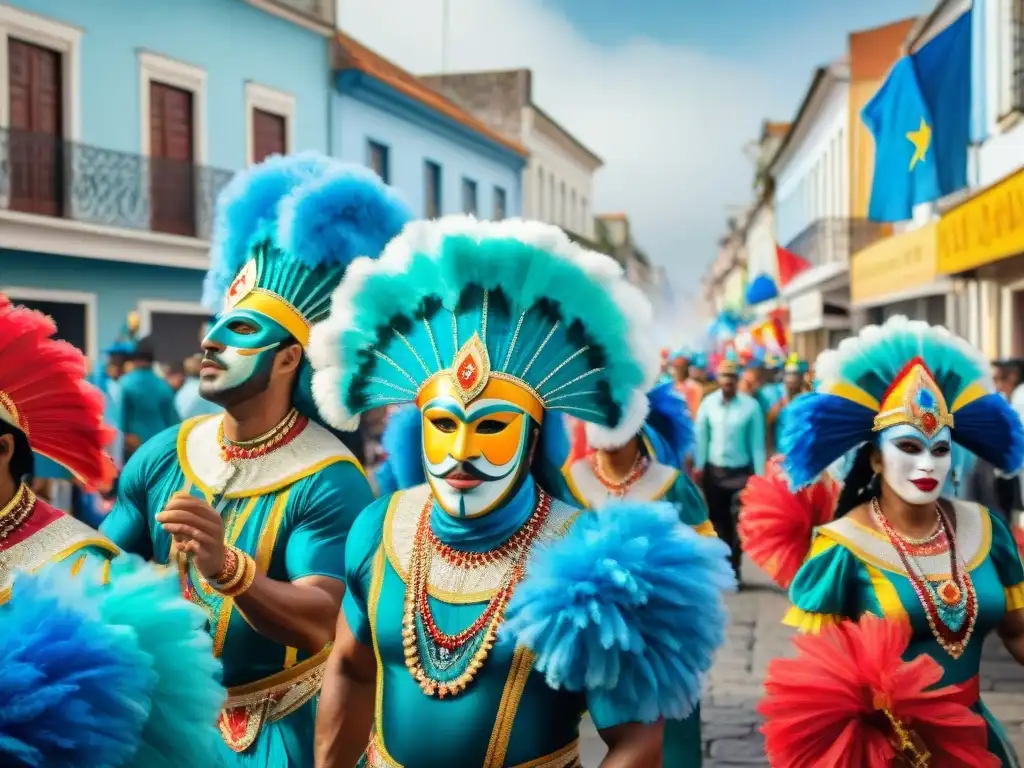 Colorido desfile de Carnaval en Uruguay con danzas, tambores, fachadas coloniales y la energía de las bebidas tradicionales Carnaval Uruguayo