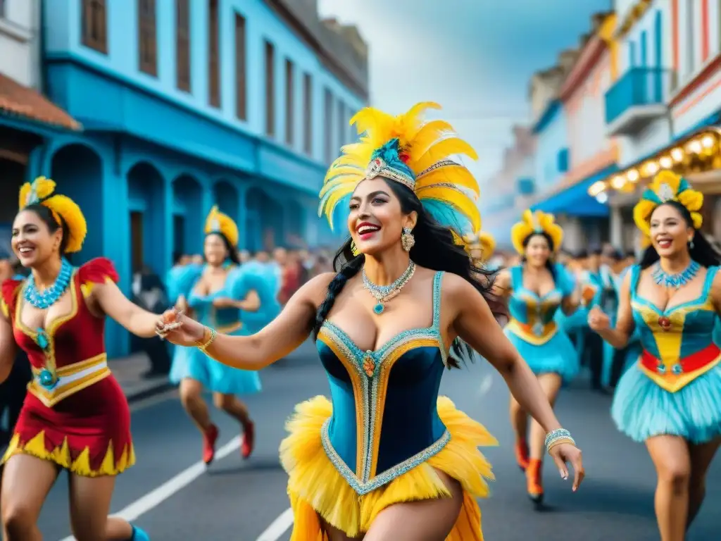 Colorido desfile del Carnaval en Uruguay con detallados trajes y alegres bailarines, reparto ingresos Carnaval Uruguayo