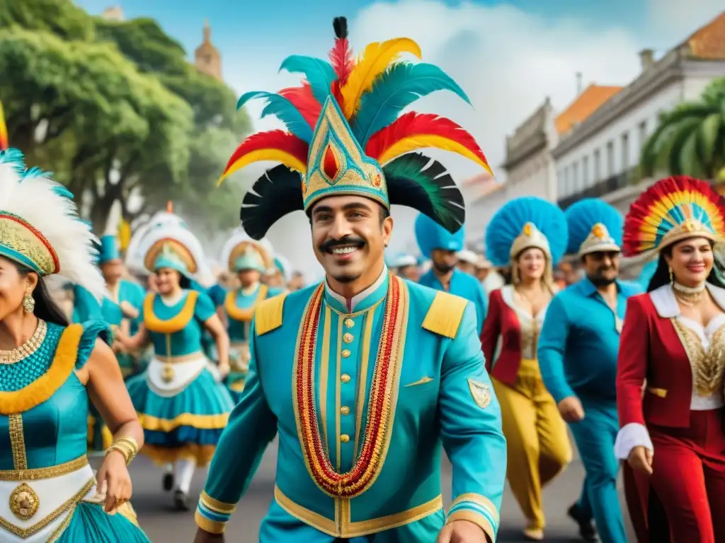 Un colorido desfile de carnaval en Uruguay, con diseños de vestuario elaborados que reflejan la rica herencia cultural del país