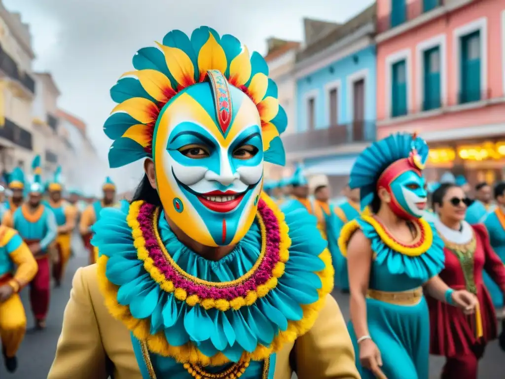 Colorido desfile de Carnaval en Uruguay con disfraces, máscaras y música tradicional, historias personales Carnaval Uruguayo