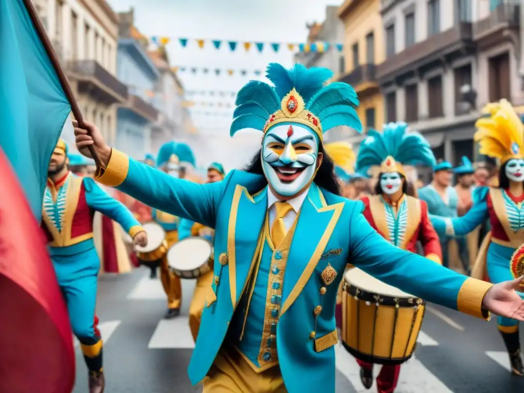 Colorido desfile de Carnaval en Uruguay con disfraces, máscaras, baile y música