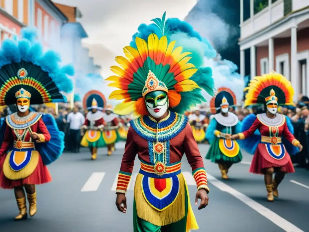 Colorido desfile de Carnaval en Uruguay con disfraces creativos hechos con reciclaje, candombe y máscaras elaboradas