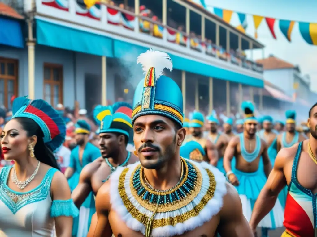 Colorido desfile de Carnaval en Uruguay con figuras icónicas y vibrante tradición