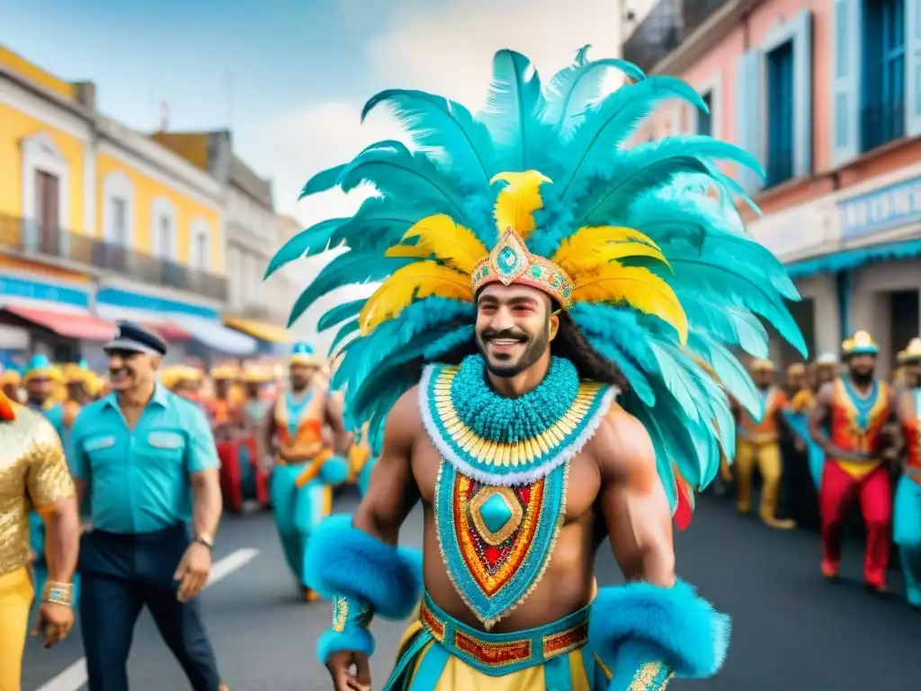 Colorido desfile de carnaval en Uruguay, con floats, bailarines y espectadores alegres