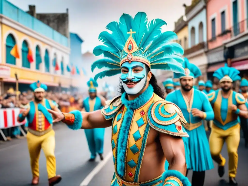 Colorido desfile de carnaval en Uruguay con floats detallados, trajes extravagantes y música rítmica