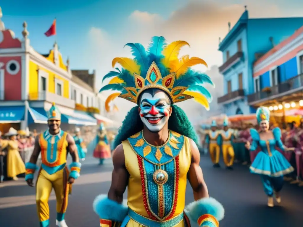 Colorido desfile de carnaval frente a alojamientos en Uruguay, capturando la festividad