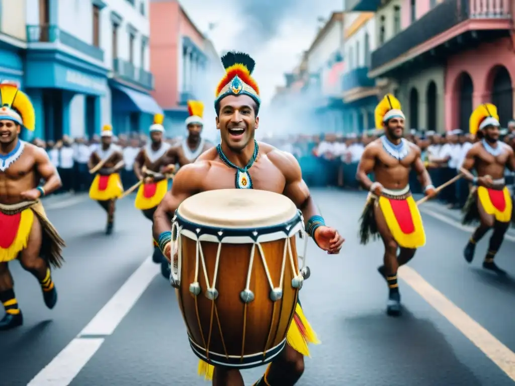 Colorido desfile de Carnaval en Uruguay resalta la Importancia del Candombe en la cultura, con bailarines, tambores y banderas vibrantes