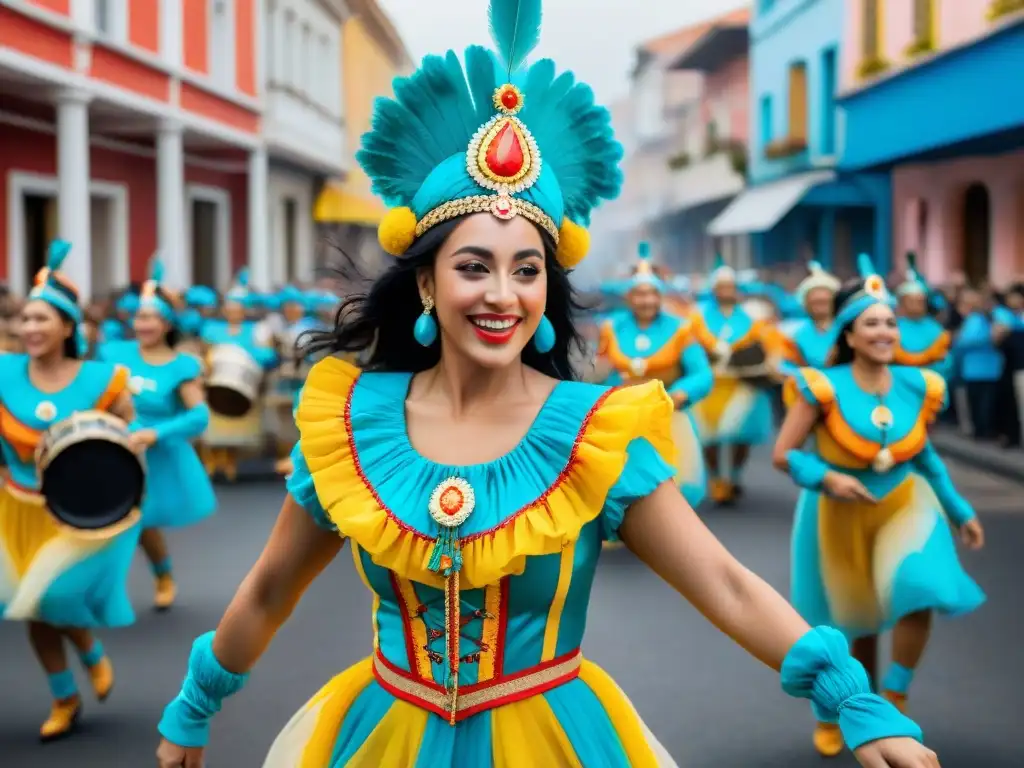 Colorido desfile de Carnaval en Uruguay con mujeres participantes en trajes vibrantes y alegres, danzando al ritmo de tambores