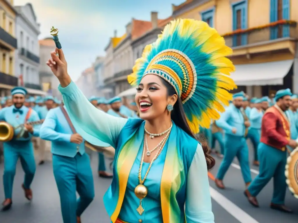 Colorido desfile de Carnaval en Uruguay con murgas y parodistas, celebrando los Géneros del Carnaval Uruguayo