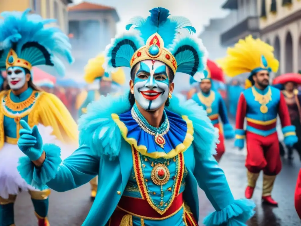 Colorido desfile de Carnaval en Uruguay con músicos, bailarines y carrozas detalladas