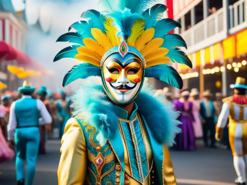 Colorido desfile de Carnaval: participantes con trajes y máscaras representando diversas culturas, celebrando Unidad y diversidad cultural en Carnaval