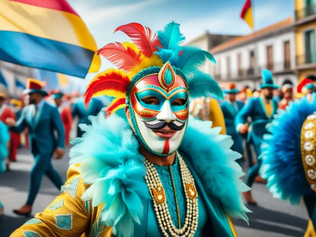 Colorido desfile de Carnaval en Uruguay con trajes vibrantes y máscaras intrincadas, danzantes energéticos y espectadores alegres