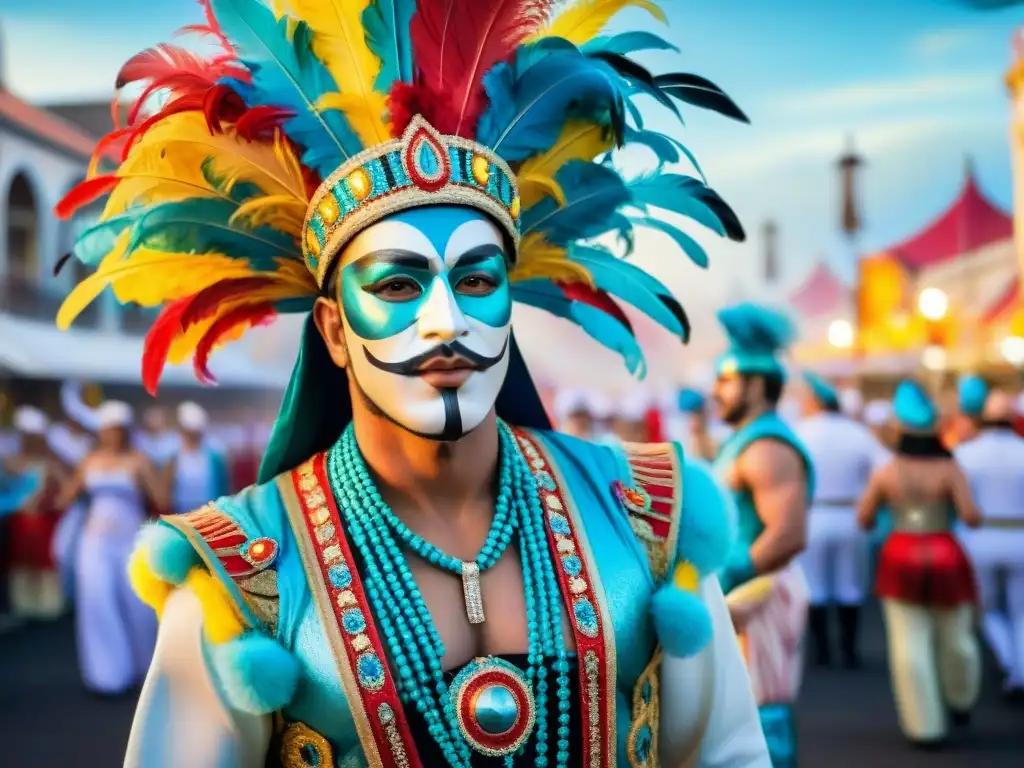 Colorido desfile de carnaval en Uruguay con trajes tradicionales y decorados llamativos, ideal para talleres de costura para carnaval