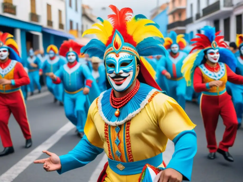 Colorido desfile de Carnaval en Uruguay con trajes tradicionales, máscaras y bailarines alegres