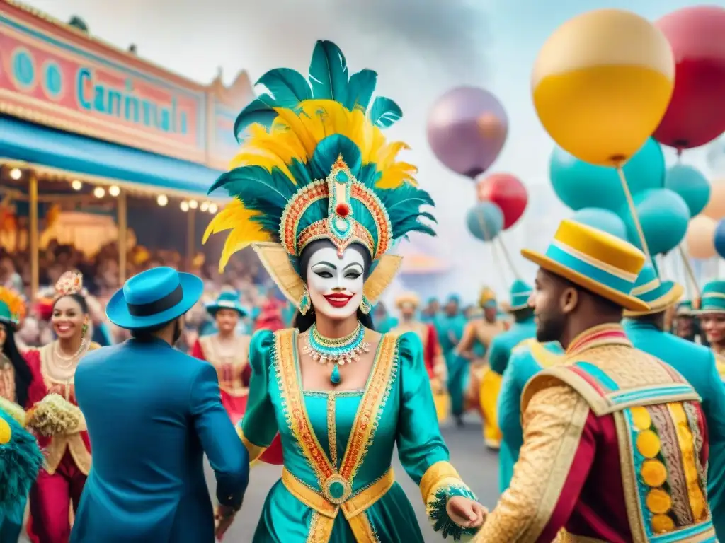 Colorido desfile de Carnaval con trajes y carrozas, músicos y espectadores en una animada calle urbana