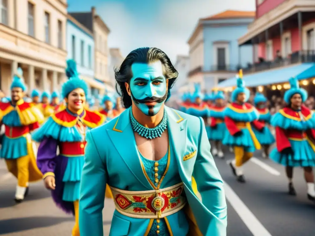 Colorido desfile de carnaval en Uruguay con trajes y música alegre