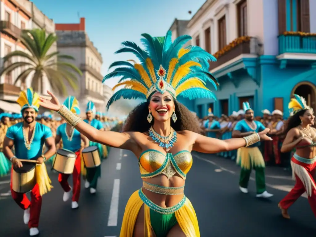 Colorido desfile de Carnaval en Uruguay, con trajes elaborados y música animada