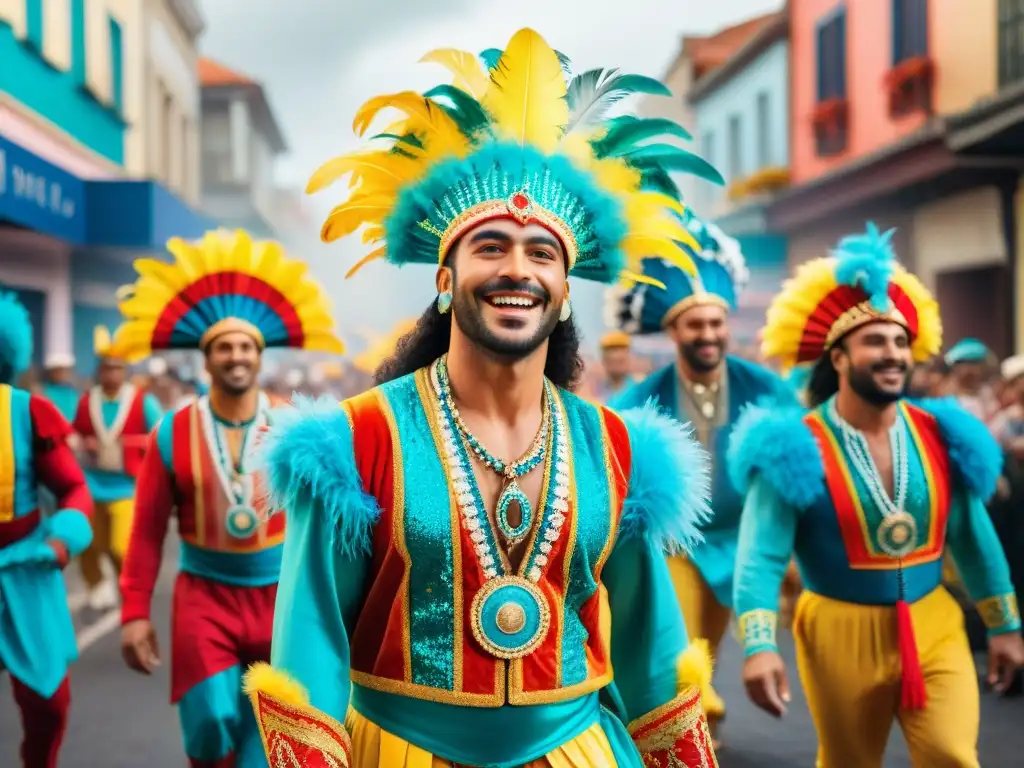 Colorido desfile en Carnaval Uruguayo con diseño de vestuario diverso