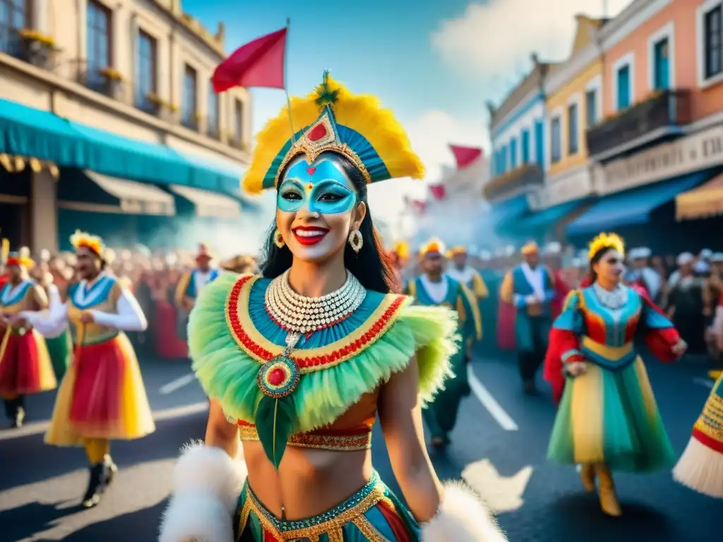 Colorido desfile de carnaval uruguayo, con carrozas, bailarines y músicos en una calle llena de espectadores felices