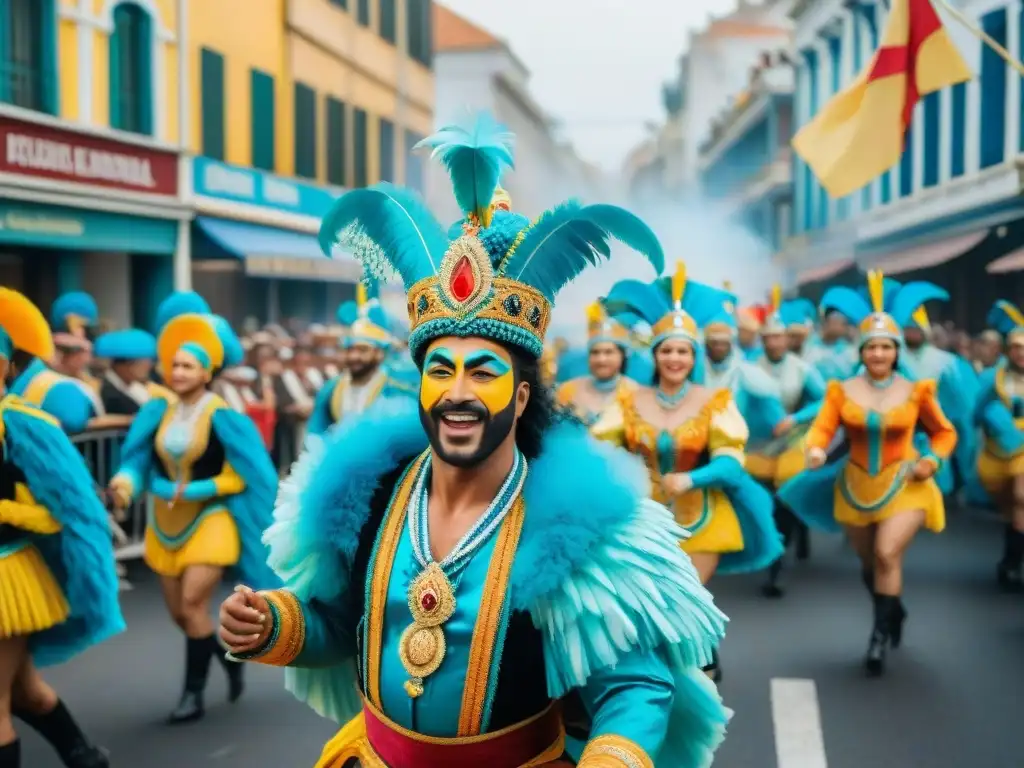 Colorido desfile del Carnaval Uruguayo, con artistas y música tradicional, turismo durante Carnaval Uruguayo