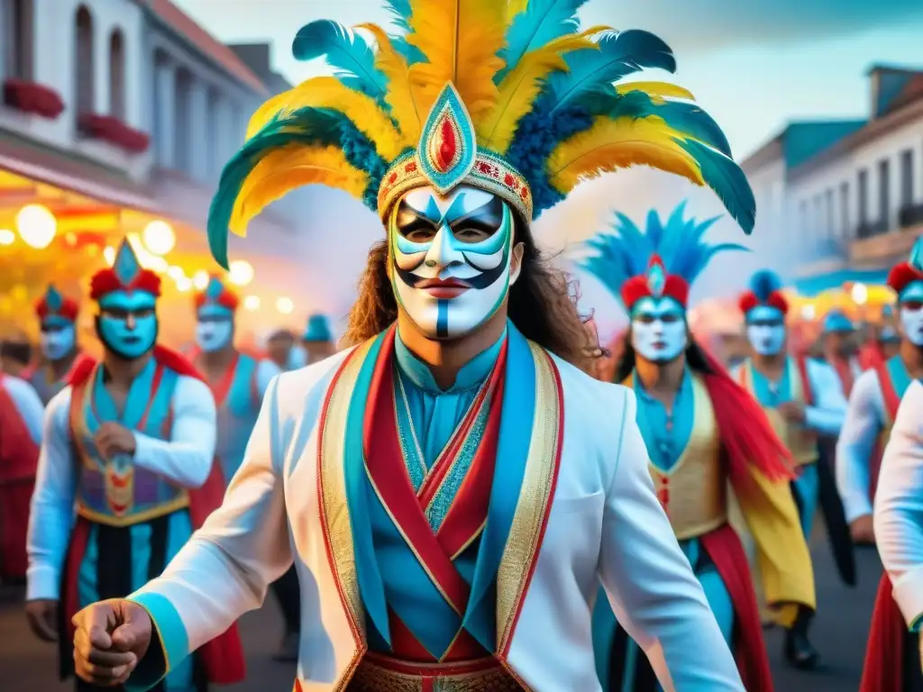 Colorido desfile en el Carnaval Uruguayo fusionando elementos tradicionales con influencia de música extranjera