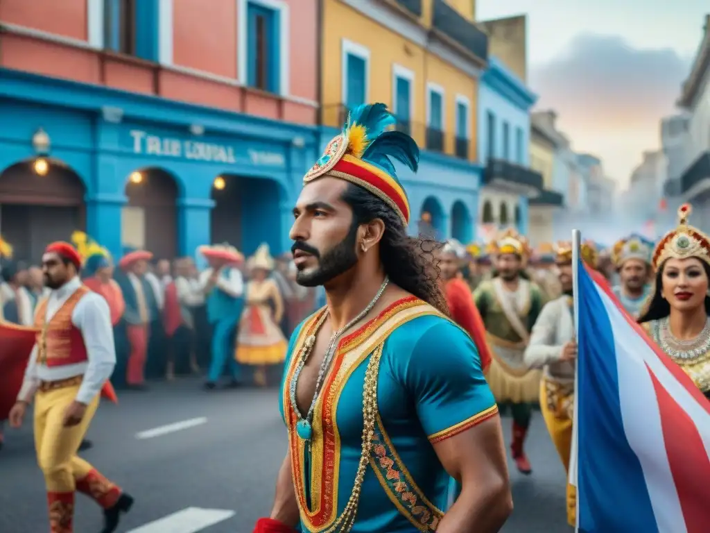 Colorido desfile de Carnaval Uruguayo: bailarines, músicos y banderas, reflejo de la influencia en América Latina