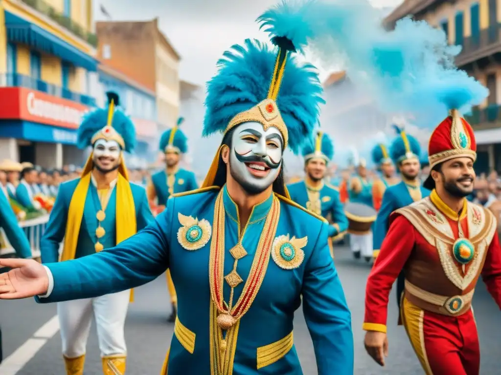 Colorido desfile del Carnaval Uruguayo, con carrozas, personas bailando y música tradicional