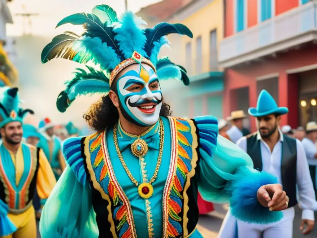 Colorido desfile de Carnaval Uruguayo con bailarines en trajes tradicionales, capturando la alegría y cultura