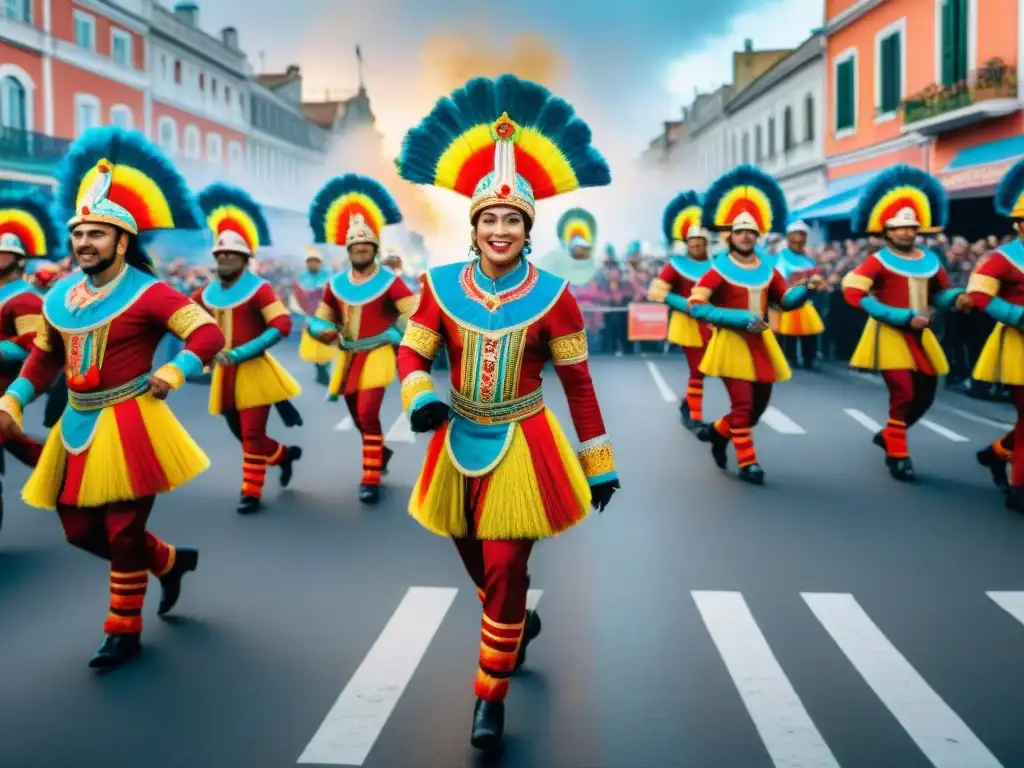 Colorido desfile del Carnaval Uruguayo con influencias africanas en vestuario candombe