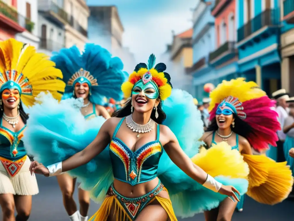 Colorido desfile del Carnaval Uruguayo con danzas y música tradicional, ¡Vibrante energía y alegría! Seguro de viaje Carnaval Uruguayo