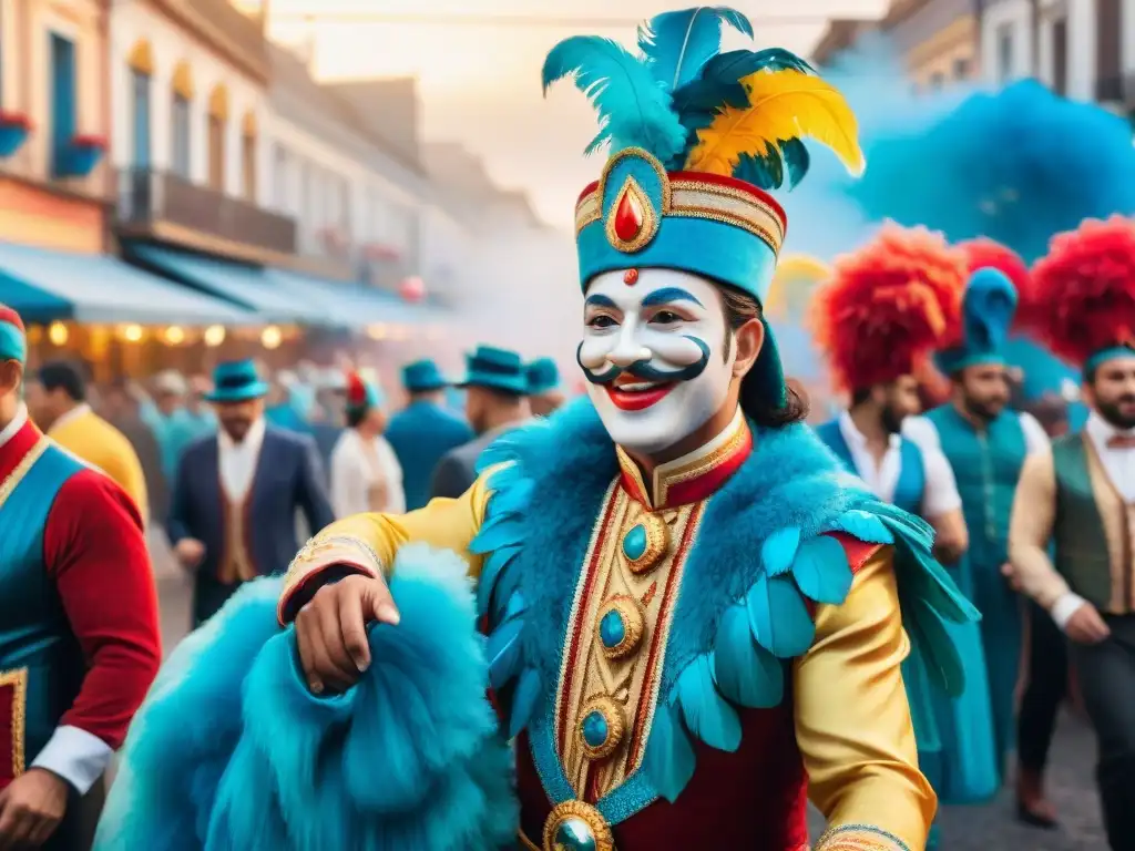 Colorido desfile del Carnaval Uruguayo con carrozas y danzas, seguro de viaje Carnaval Uruguayo