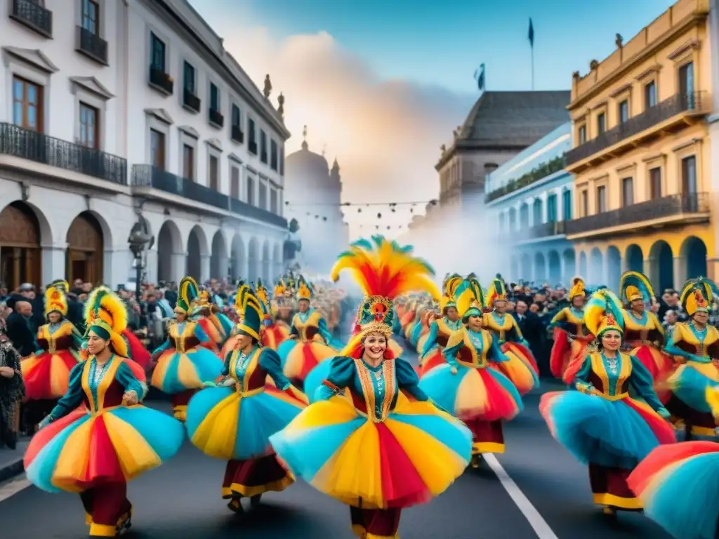 Colorido desfile de Carnaval Uruguayo con músicos y bailarines en trajes festivos