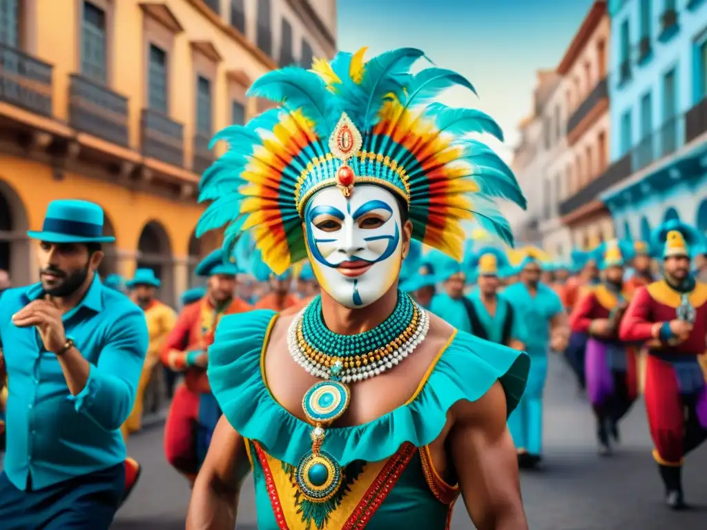 Colorido desfile del Carnaval Uruguayo, con danzas, máscaras y trajes vibrantes en las calles históricas