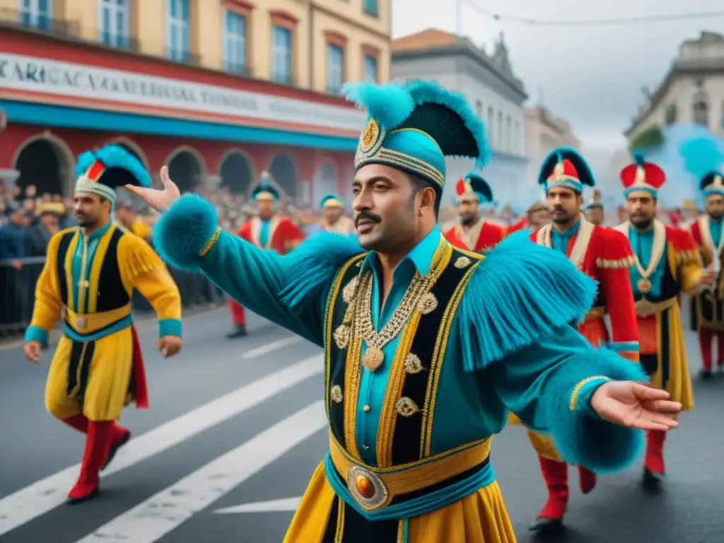 Colorido desfile del Carnaval Uruguayo: danzas, música y alegría en las calles históricas, mostrando resiliencia y cultura