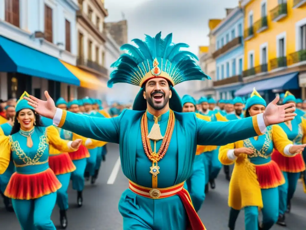 Colorido desfile en el Carnaval Uruguayo, con carros alegóricos, bailarines y espectadores felices