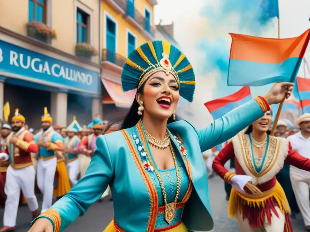 Colorido desfile de Carnaval Uruguayo en el mercado internacional, con bailarines y carrozas festivas