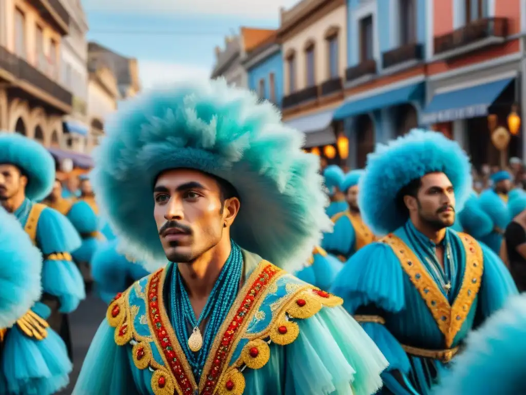 Colorido desfile del Carnaval Uruguayo con carrozas, bailarines y espectadores, reflejando la emoción y energía